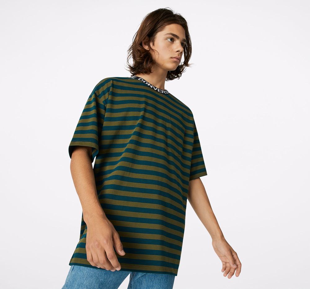 Camiseta Converse Striped Oversized Homem Verde Oliva Multicoloridas 470628MFK